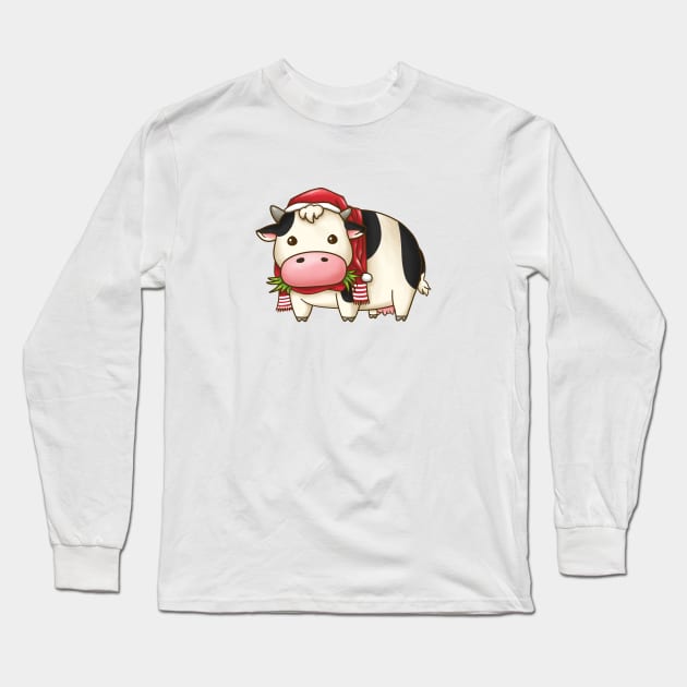 Christmas Cow in Santa Hat Long Sleeve T-Shirt by Takeda_Art